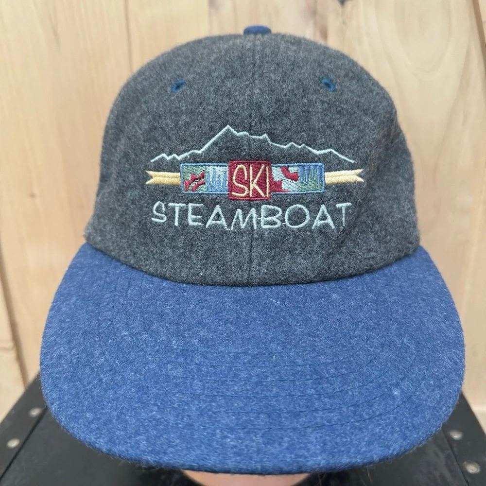 Vintage 80s Steamboat Ski Resort Wool Hat Trucker Adjustable Cap Gray Blue